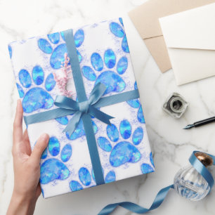 Blue Watercolor Dog Paw Print Wrapping Paper