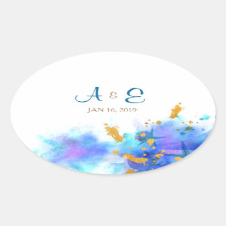 Blue Watercolor Dolphin Wedding Oval Sticker
