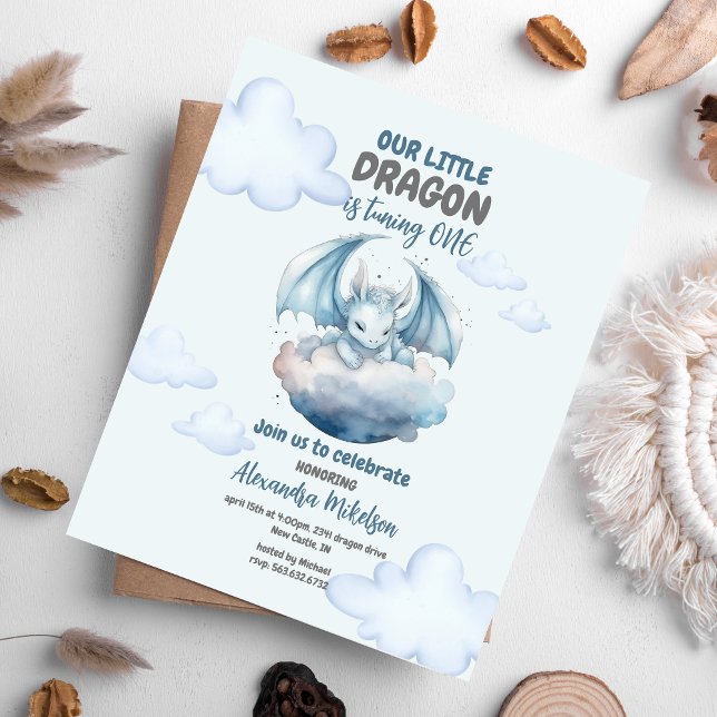 Blue Watercolor Dragon Baby 1st Birthday Invitation (Create Magic with Cute Watercolor Dragon Baby 1st Birthday Invitation )