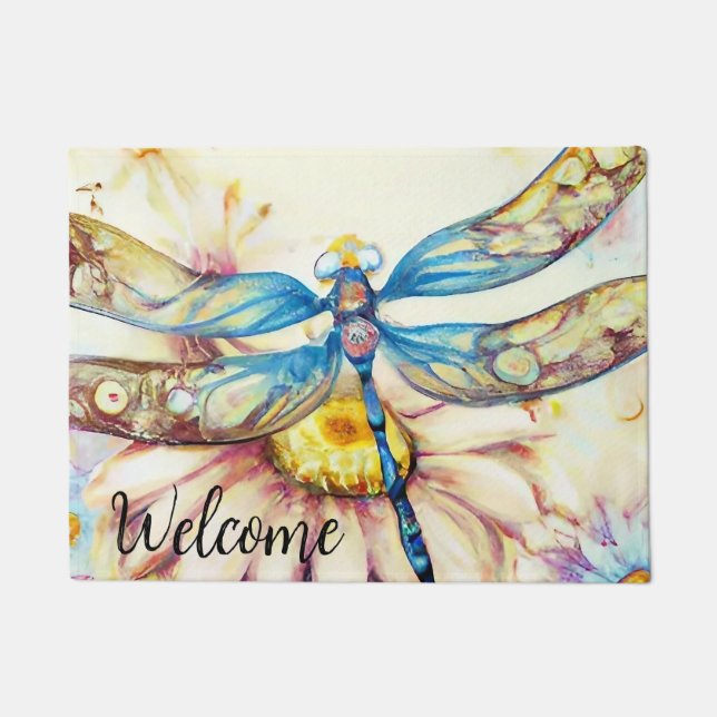 Blue Watercolor Dragonfly, Personalise Doormat (Front)