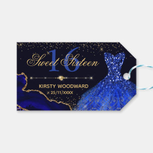 Blue Watercolor Dress & glitter agate Sweet 16 Gift Tags