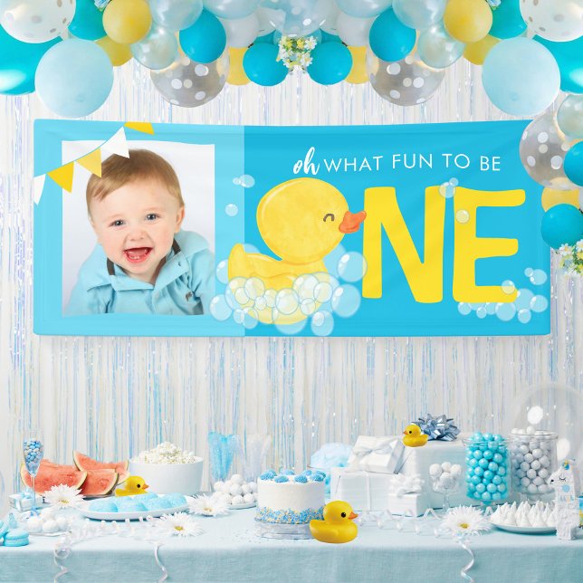 Blue Watercolor Duck Oh What Fun Photo Party Banner (Watercolor Duck Oh What Fun Photo Party Banner in Baby Blue and Blue for Rubber Ducky 1st Birthday)