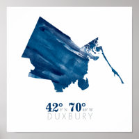 Blue Watercolor Duxbury MA Map with Coordinates