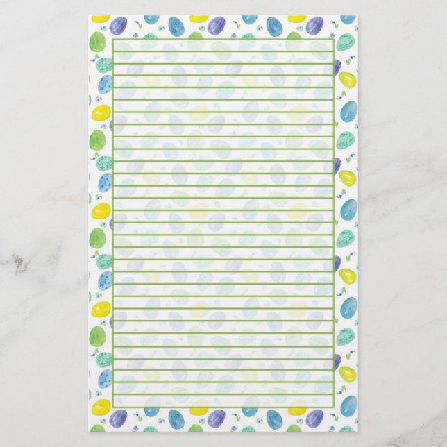 Blue Watercolor Easter Eggs Green Lined Stationery (Front)