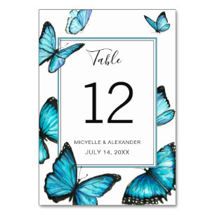 Blue watercolor elegant butterflies Wedding Table Number