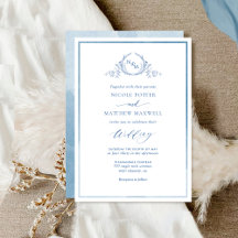 Blue Watercolor Elegant Monogram Wedding Invitatio