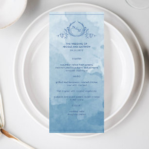 Blue Watercolor Elegant Monogram Wedding Menu
