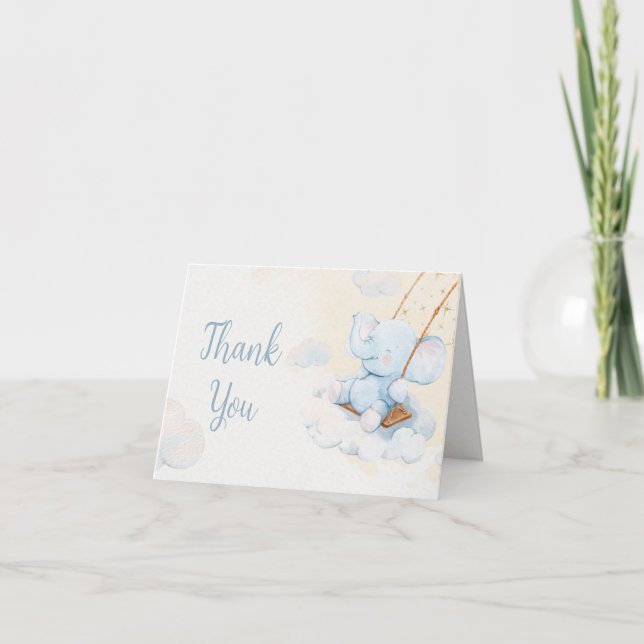 Blue Watercolor Elephant Baby Shower Thank You Card (Front)