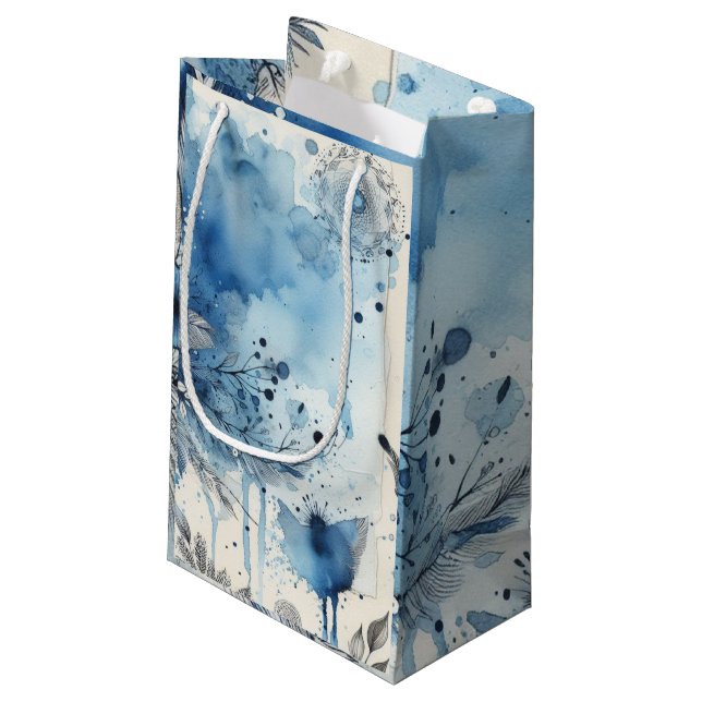 Blue Watercolor Ephemera Small Gift Bag (Back Angled)