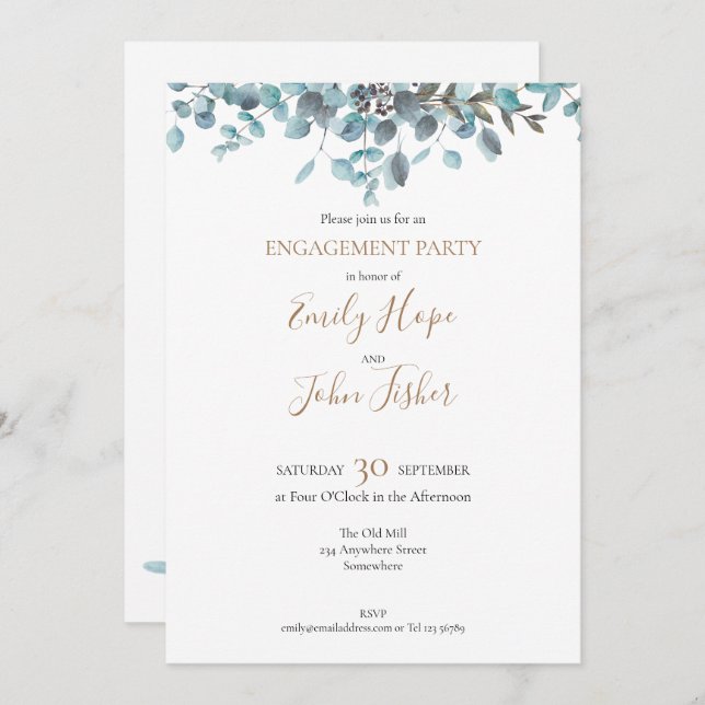 Blue Watercolor Eucalyptus Engagement Party Invitation (Front/Back)