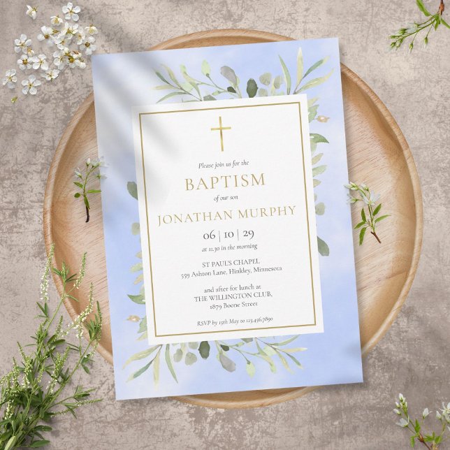 Blue Watercolor Eucalyptus Greenery Baptism Invitation (Creator Uploaded)