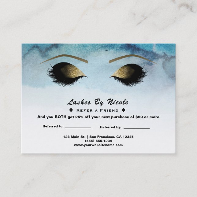 Blue Watercolor Eyelashes Refer Friend Aftercare Referral Card (Front)