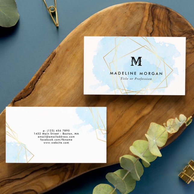 Blue Watercolor Faux Gold Geometric Monogram Business Card (Creator Uploaded)