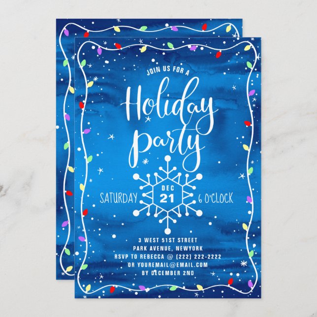 Blue Watercolor Festive Holiday Party Christmas Invitation (Front/Back)