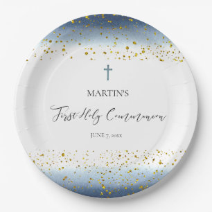 blue watercolor  First Communion Paper Plate