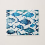 Blue Watercolor Fish Activity. Ocean Nautical Game Jigsaw Puzzle<br><div class="desc">Enjoy hours of fun with this watercolor fish jigsaw puzzle in calming shades of blue and navy. The lively fish pattern creates a relaxing coastal theme, making it perfect for family game nights, kids’ ocean parties, or as a thoughtful gift for an ocean lover or fisherman. A great choice for...</div>