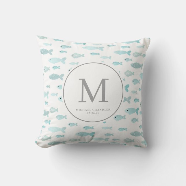 Blue Watercolor Fish Baby Boy Nursery Monogram Cushion (Front)