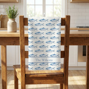 Blue Watercolor Fish Swimming Tea Towel