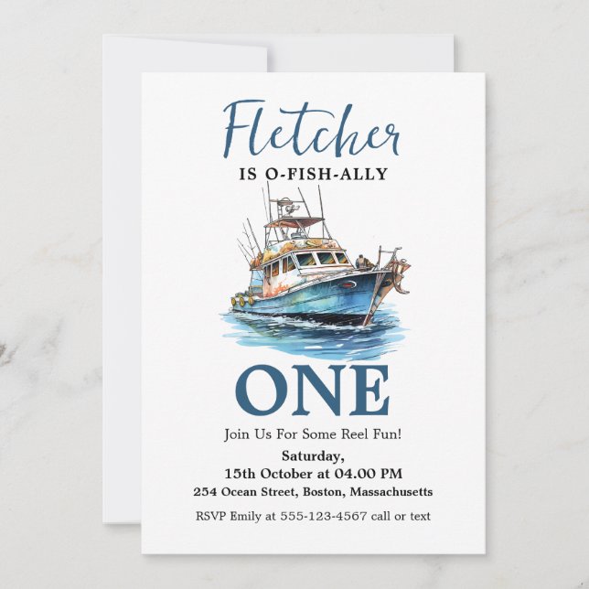 Blue Watercolor Fishing Vessel First Birthday Invitation (Front)