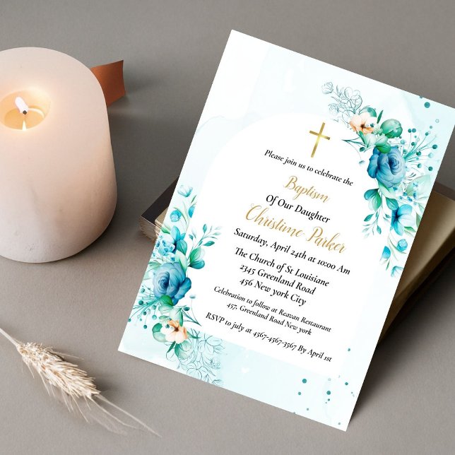 Blue watercolor  flora splash Baptism  Invitation (Creator Uploaded)