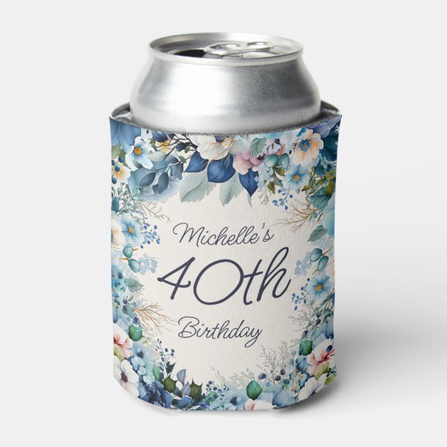 Blue Watercolor Floral 40th Birthday Party Can Cooler (Can Front)