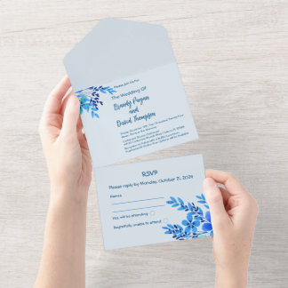 Blue Watercolor Floral All in One Wedding Invite