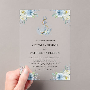 Blue Watercolor Floral Anchor Coastal Wedding Acrylic Invitations