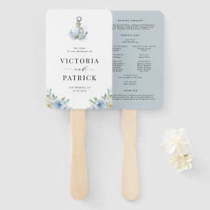 Blue Watercolor Floral Anchor Coastal Wedding Hand Fan