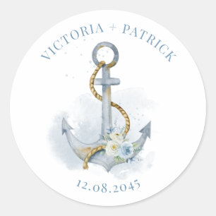 Blue Watercolor Floral Anchor Nautical Wedding Classic Round Sticker