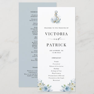 Blue  Watercolor Floral Anchor Nautical Wedding Programme