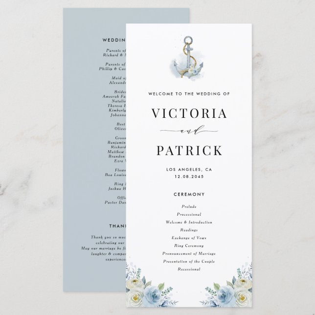 Blue  Watercolor Floral Anchor Nautical Wedding Programme (Front/Back)