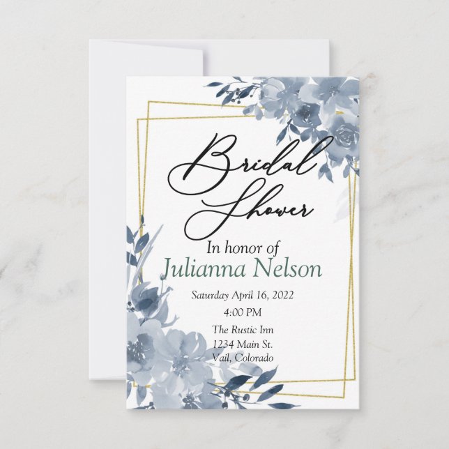 Blue watercolor floral and gold frame  invitation (Front)