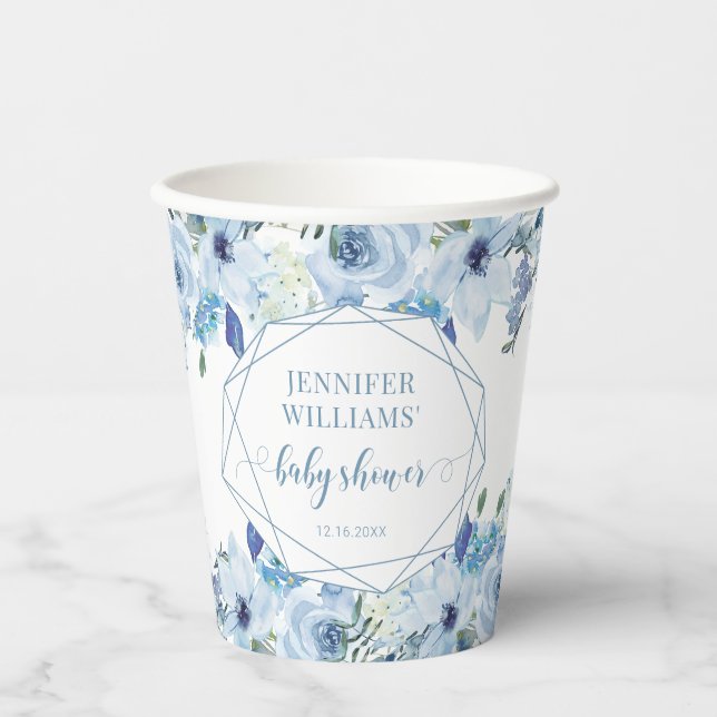 Blue watercolor floral baby boy shower paper cups (Front)