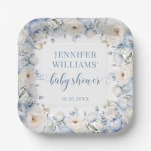 Blue watercolor floral baby boy shower Paper Plate