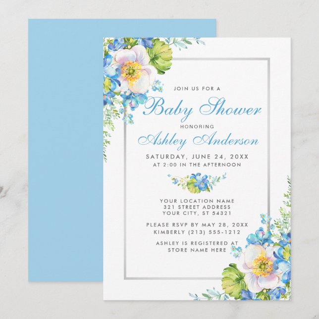 Blue Watercolor Floral Baby Shower Invitation (Front/Back)