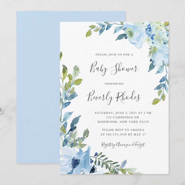 Blue Watercolor Floral Baby Shower Invitation (Front/Back)