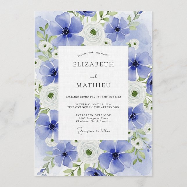 Blue Watercolor Floral Bloom Wedding Invitation (Front)