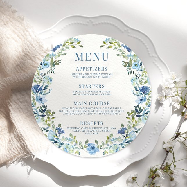 Blue watercolor floral boho round Menu Card Plate (Creator Uploaded)