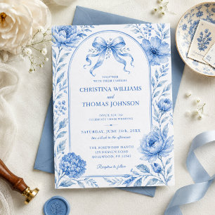 Blue Watercolor Floral Bow Wedding Invitation