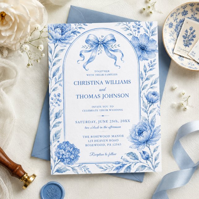 Blue Watercolor Floral Bow Wedding Invitation (Creator Uploaded)