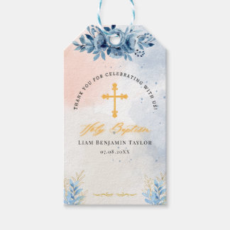 Blue Watercolor Floral Boy Baptism Favour Label