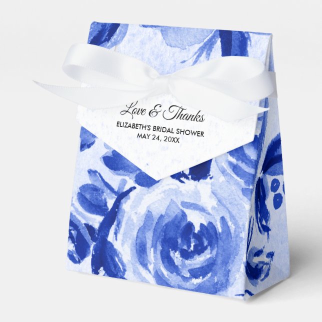 Blue Watercolor Floral Bridal Shower Favour Boxes (Front Side)