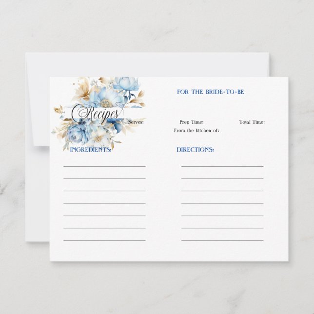 Blue Watercolor Floral Bridal Shower Recipe Card (Front)