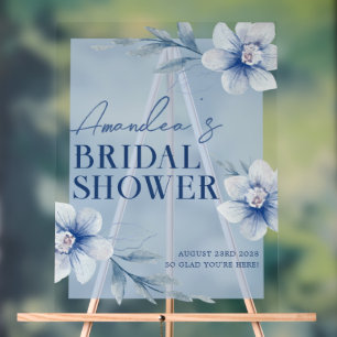 Blue Watercolor Floral Bridal Shower Welcome Acrylic Sign