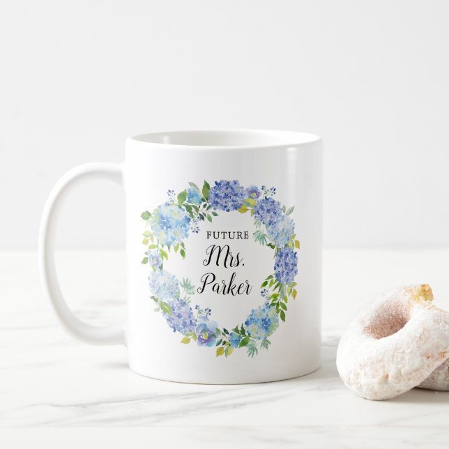 Blue Watercolor Floral Bride To Be Coffee Mug (With Donut)