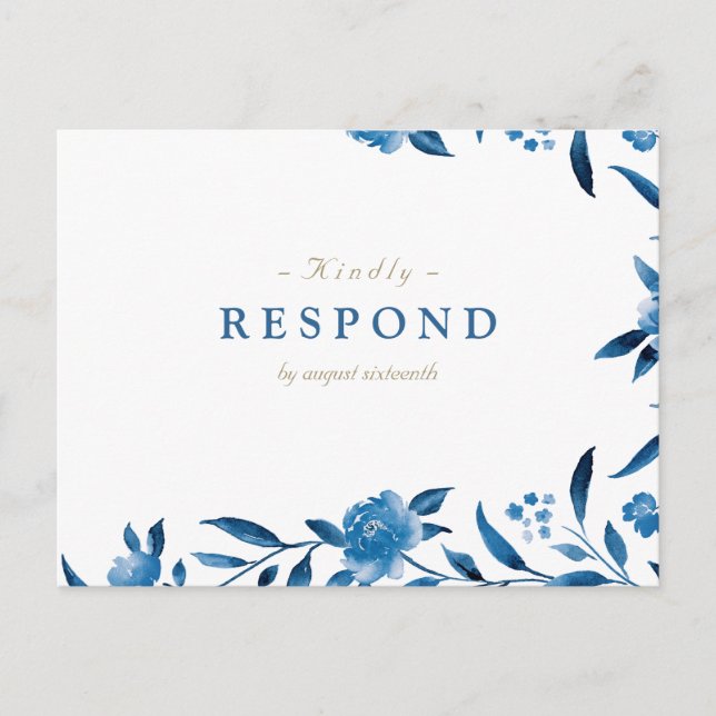 Blue Watercolor floral Chinoiserie Wedding RSVP Invitation Postcard (Front)