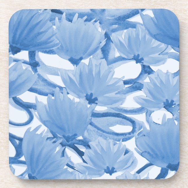 Blue Watercolor Floral Design  Coaster (Front)