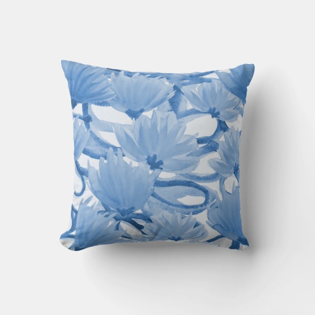 Blue Watercolor Floral Design Cushion (Front)