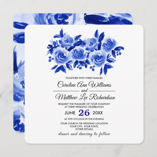 Blue Watercolor Floral Design Wedding Invitation (Front/Back)
