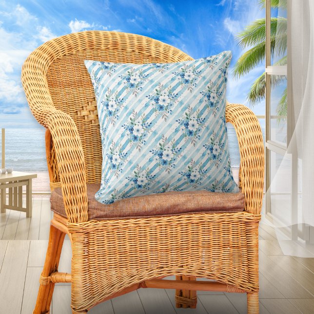 Blue Watercolor Floral & Diagonal Stripes Coastal  Cushion (A pretty throw pillow with white and blue floral and striped pattern in a watercolor style)